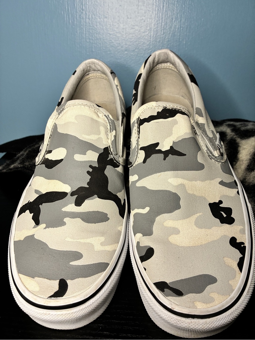 Vans Slip-On Sneakers in Black, Gray & White Camo